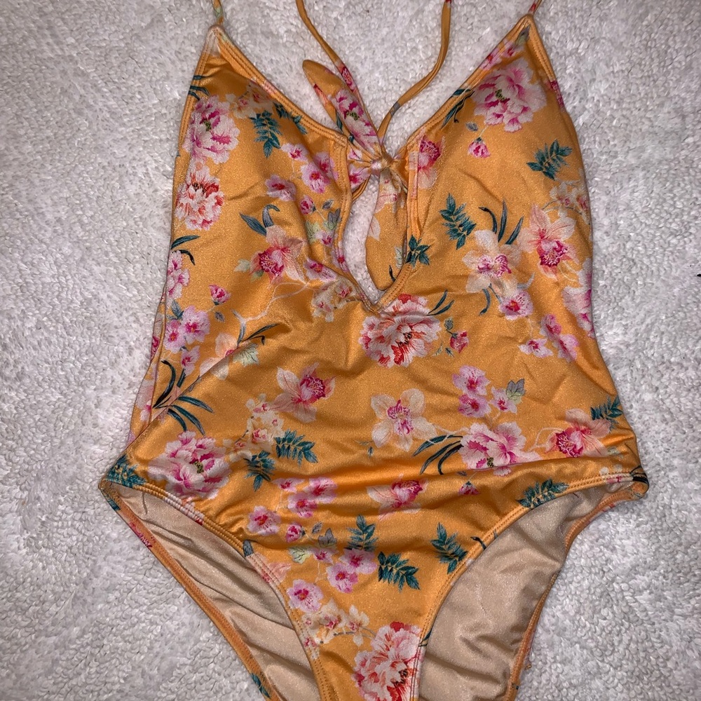 Floral yellow one piece tie up bathing suit!